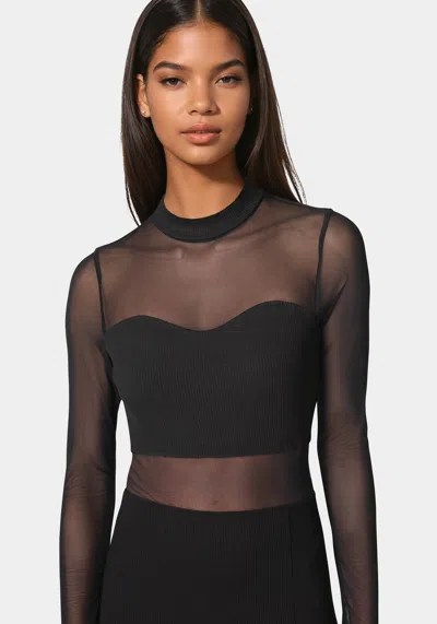 Bebe Rib Mock Neck Maxi Dress With Powermesh In Black