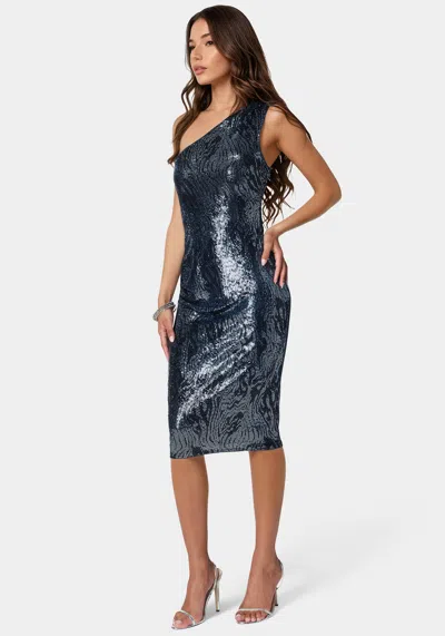 Bebe Zebra Sequin One Shoulder Midi Dress In Black,blue