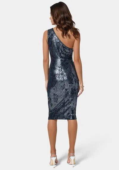 Bebe Zebra Sequin One Shoulder Midi Dress In Black,blue