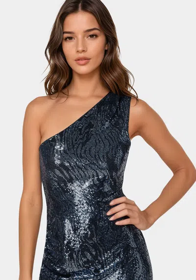 Bebe Zebra Sequin One Shoulder Midi Dress In Black,blue