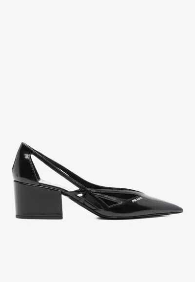 Prada Brushed Leather Cut-out Pumps In Black