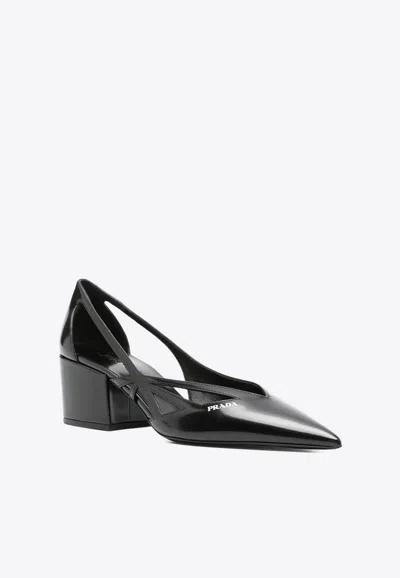 Prada Brushed Leather Cut-out Pumps In Black