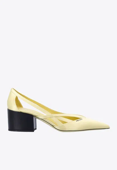 Prada 55 Satin Cut-out Pumps In Yellow