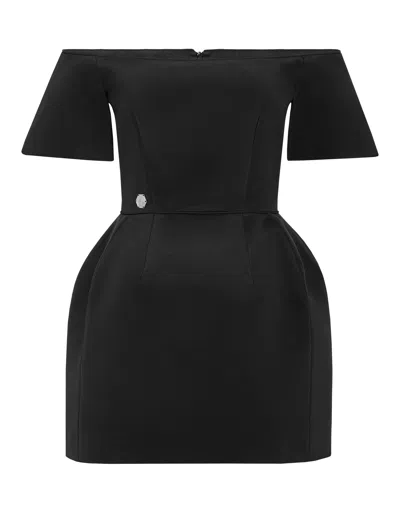 Philipp Plein Off-shoulder Silk Mini Dress In Black