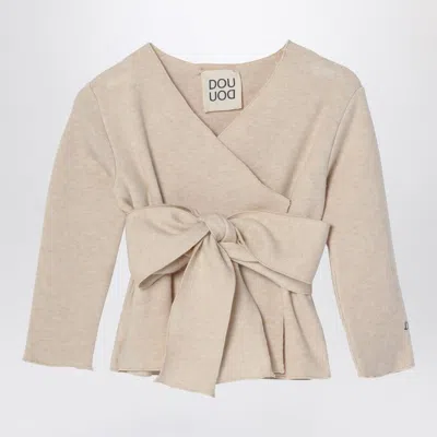 Douuod Beige Crossover Cardigan With Bow In Neutrals