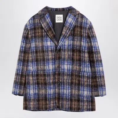 Douuod Grey/blue Wool Blend Checked Coat In Multicolor