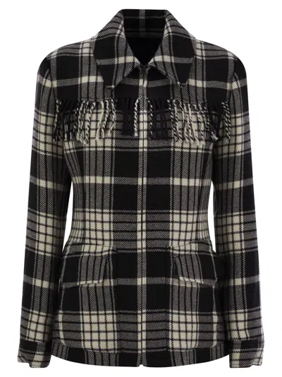 Shop Polo Ralph Lauren Plaid Wool Jacket With Fringes In Black/cream