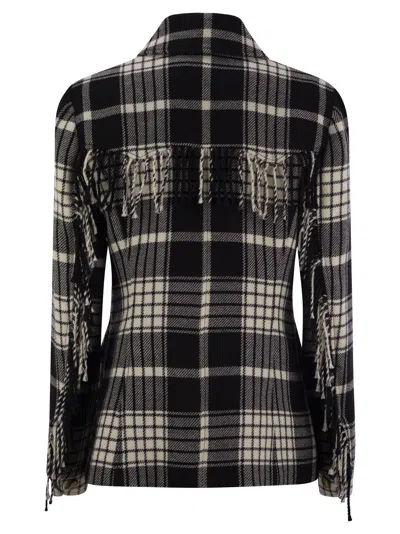 Polo Ralph Lauren Goleta Fringed Checked Wool-flannel Jacket In Black/cream
