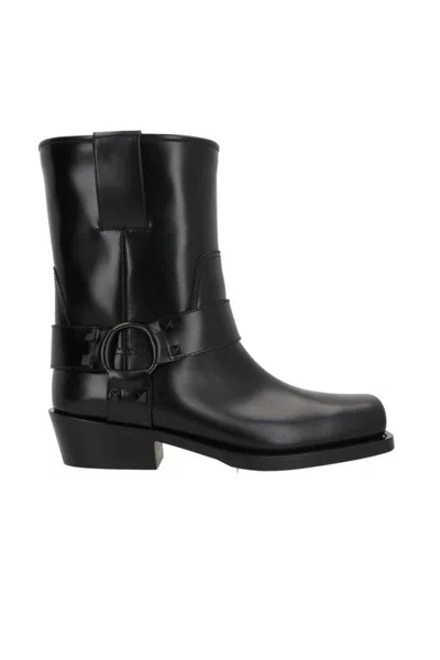 Valentino Black Leather Biker Rockstud Ankle Boots In Black