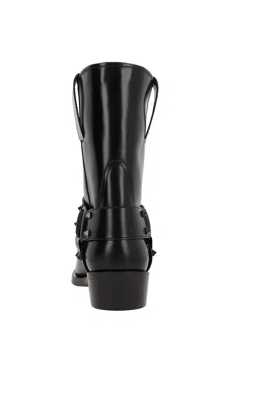 Valentino Black Leather Biker Rockstud Ankle Boots In Black