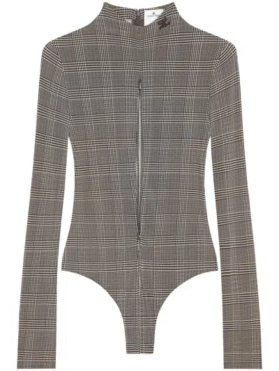 Courrèges High Neck Stretch Body With Prince Of Wales Check In Natural / Mud Brown
