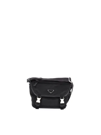 Prada Triangle Logo Re-nylon And Saffiano Leather Shoulder Bag In Black