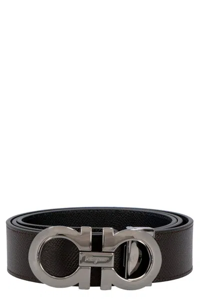 Ferragamo Black And Brown Reversible Belt With Gancini Detail In Smooth Leather Man In Brown