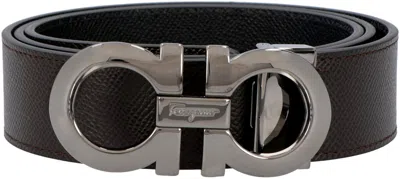 Ferragamo Black And Brown Reversible Belt With Gancini Detail In Smooth Leather Man In Brown