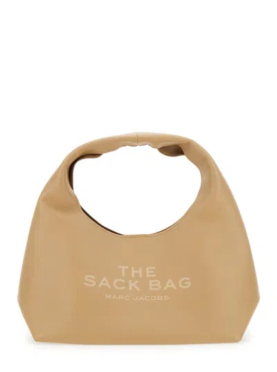 Shop Marc Jacobs 'the Sack' Beige Shoulder Bag With Embossed Logo In Grained Leather Woman