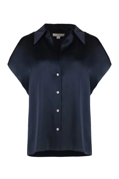 Vince Cap Sleeve Gathered Back Short Sleeve Silk Button-up Shirt In Blue