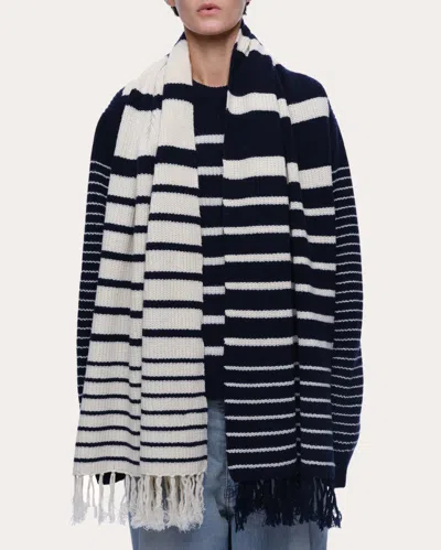 Eolas Women's Blue Sam Navy Stripe Blanket Scarf In Recycled Cashmere & Recycled Wool In Navy