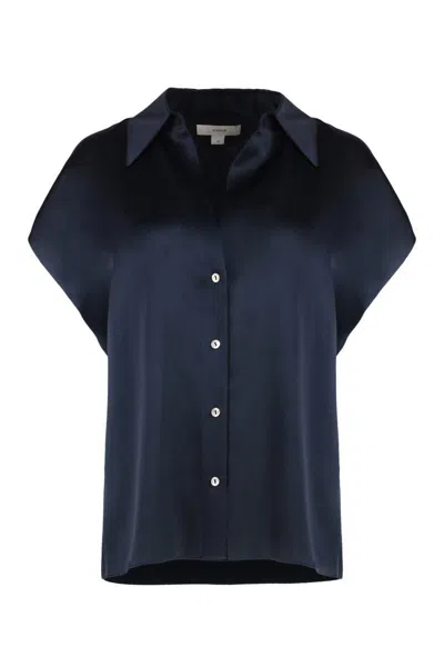 Vince Cap Sleeve Gathered Back Short Sleeve Silk Button-up Shirt In Blue