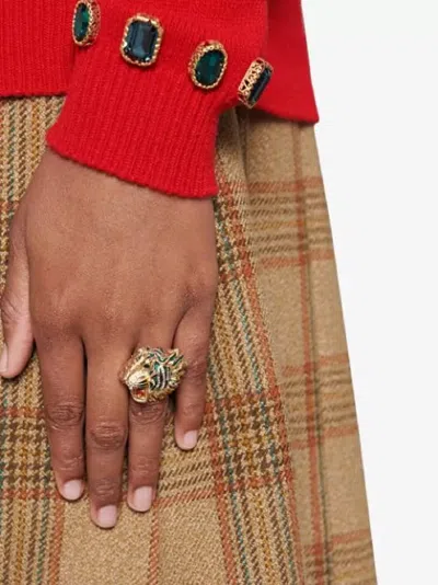 Gucci Women's Bronze Rajah Tiger Head Ring With Crystals In Green Brass