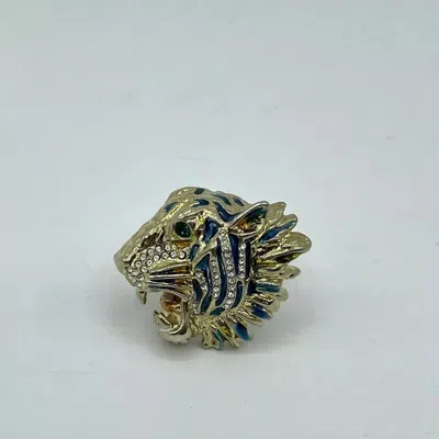 Gucci Women's Bronze Rajah Tiger Head Ring With Crystals In Green Brass