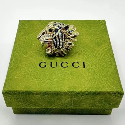 Gucci Women's Bronze Rajah Tiger Head Ring With Crystals In Green Brass