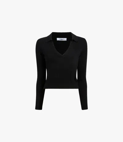 Another Tomorrow Long-sleeve Knitted Polo Top In Black