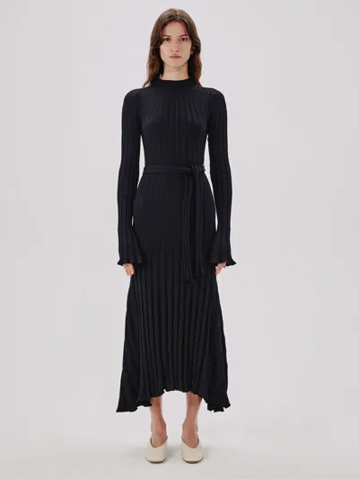 Another Tomorrow Long Sleeve Rib Flare Dress In Black