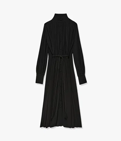 Another Tomorrow Long Pleated Drawstring Shirtdress In Black