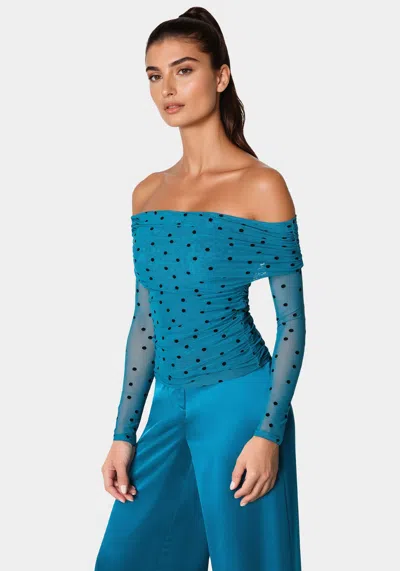 Bebe Off Shoulder Flocked Mesh Top In Deep Lagoon