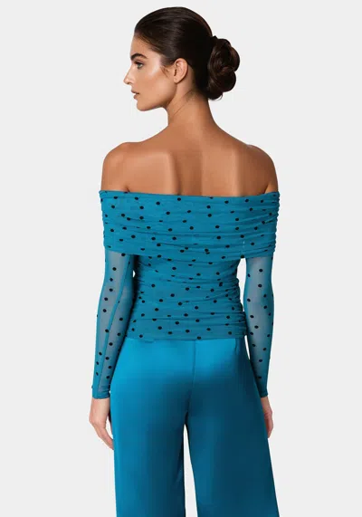 Bebe Off Shoulder Flocked Mesh Top In Deep Lagoon