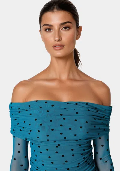 Bebe Off Shoulder Flocked Mesh Top In Deep Lagoon