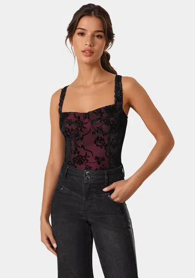 Bebe Flocked Mesh Bodysuit In Biking Red,black