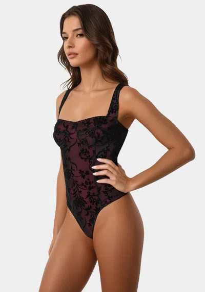 Bebe Flocked Mesh Bodysuit In Biking Red,black