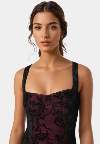 Bebe Flocked Mesh Bodysuit In Biking Red,black
