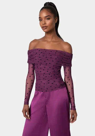 Bebe Off Shoulder Flocked Mesh Top In Dark Purple