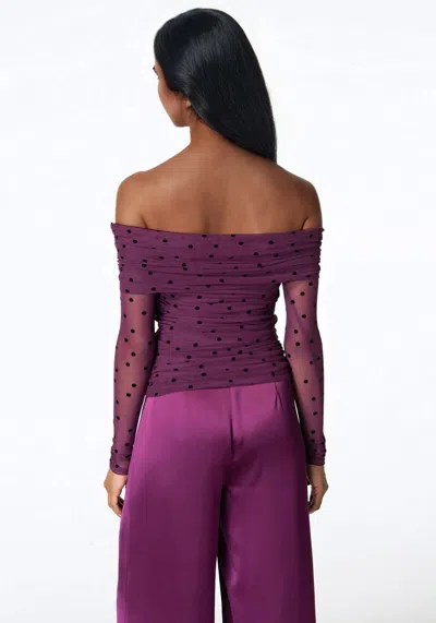 Bebe Off Shoulder Flocked Mesh Top In Dark Purple