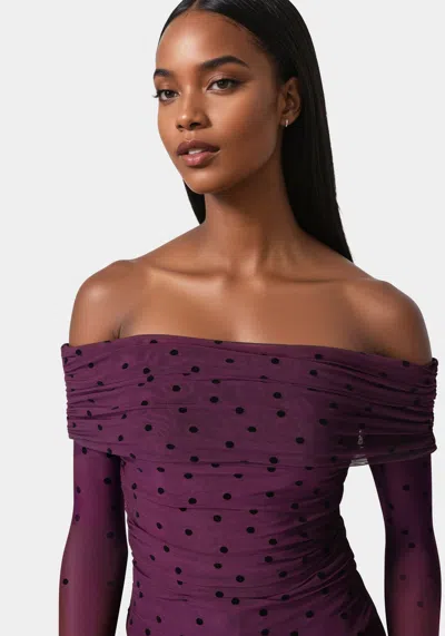 Bebe Off Shoulder Flocked Mesh Top In Dark Purple