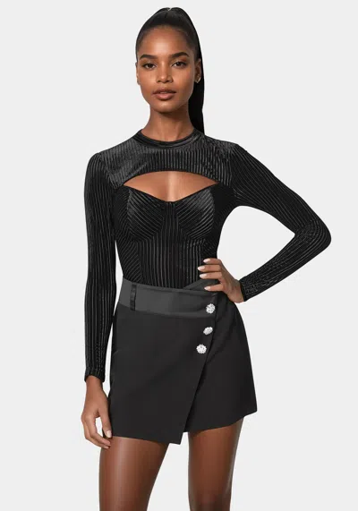Bebe Shadow Stripe Velour Cutout Bodysuit In Black