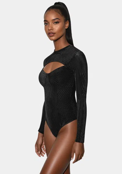 Bebe Shadow Stripe Velour Cutout Bodysuit In Black