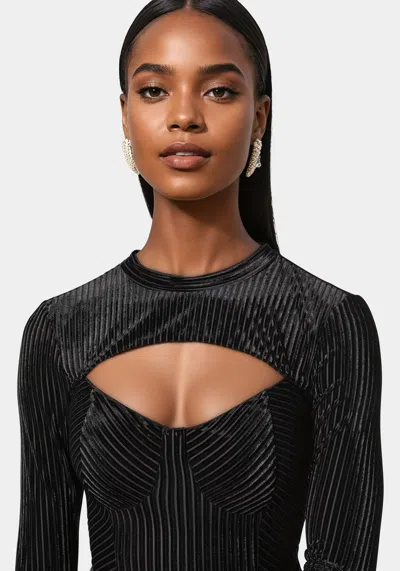 Bebe Shadow Stripe Velour Cutout Bodysuit In Black