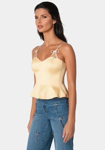 Bebe Rhinestone Bow Satin Corset In Champagne