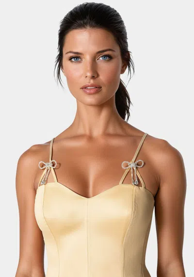 Bebe Rhinestone Bow Satin Corset In Champagne