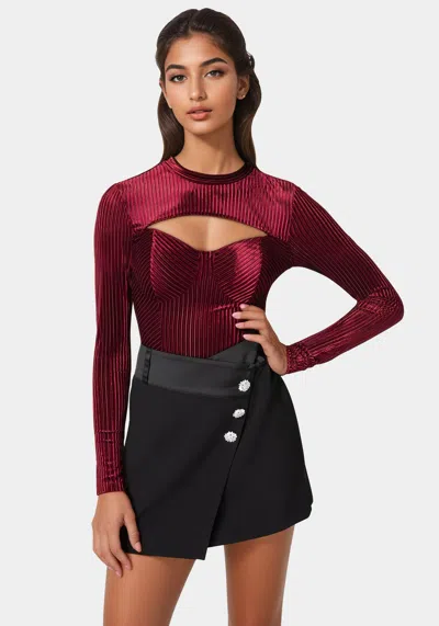 Bebe Shadow Stripe Velour Cutout Bodysuit In Burgundy