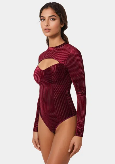 Bebe Shadow Stripe Velour Cutout Bodysuit In Burgundy