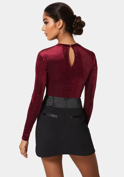 Bebe Shadow Stripe Velour Cutout Bodysuit In Burgundy