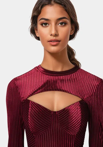 Bebe Shadow Stripe Velour Cutout Bodysuit In Burgundy