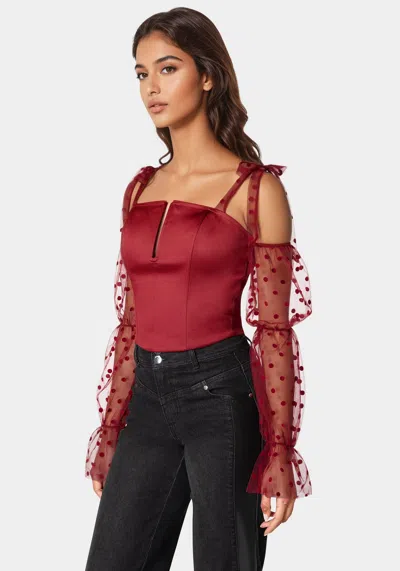Bebe Swiss Dot Sleeve Satin Corset In Biking Red