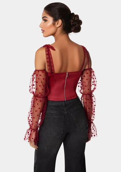 Bebe Swiss Dot Sleeve Satin Corset In Biking Red