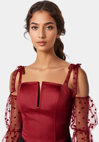 Shop Bebe Swiss Dot Sleeve Satin Corset In Biking Red