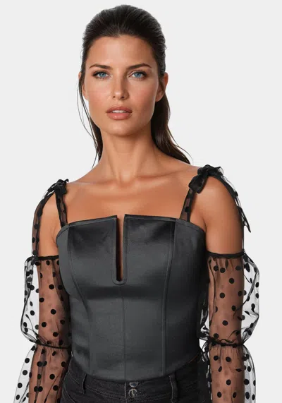 Bebe Swiss Dot Sleeve Satin Corset In Black